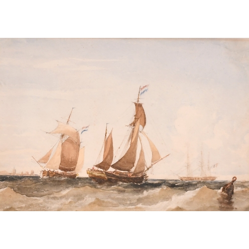 5 - 19th Century English School - Watercolour - Two Dutch sailing vessels and a man of war passing the c... 