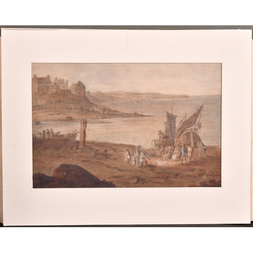 55 - Franz Edmund Weirotter (1733-1771) - Watercolour - Beach scene, the catch being landed, and a town c... 