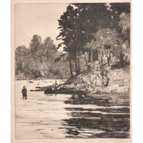 64 - Norman Wilkinson (1878-1971), an angler and his ghillie, etching, signed in pencil, plate size 10.25... 