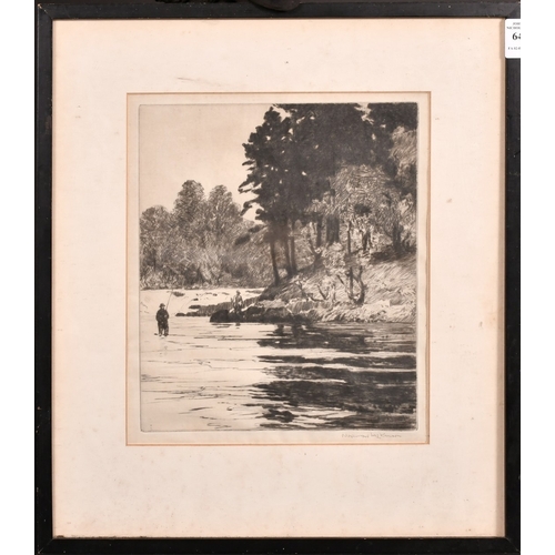 64 - Norman Wilkinson (1878-1971), an angler and his ghillie, etching, signed in pencil, plate size 10.25... 