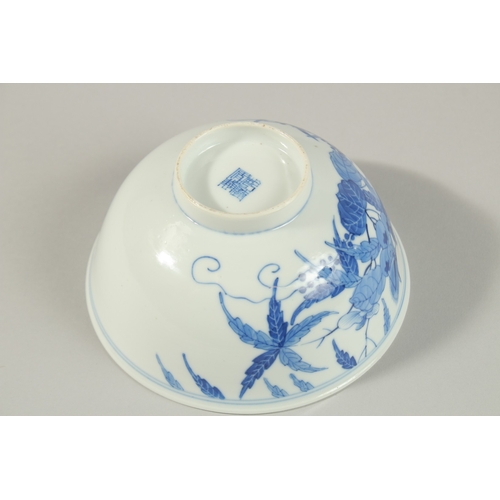 12 - A FINE CHINESE BLUE AND WHITE PORCELAIN BOWL, the exterior painted with foliate decoration and insec... 