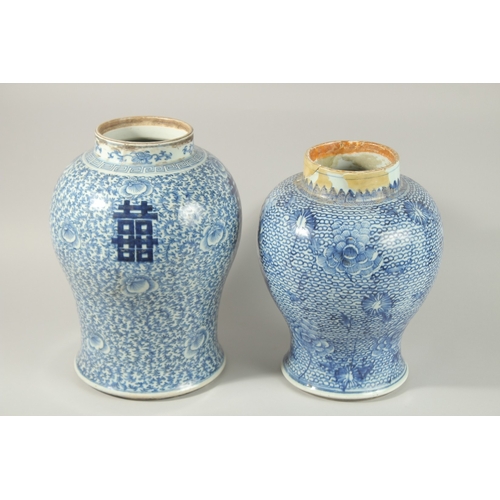 15 - TWO LARGE CHINESE BLUE AND WHITE PORCELAIN JARS, (both af), 36cm and 34cm high.