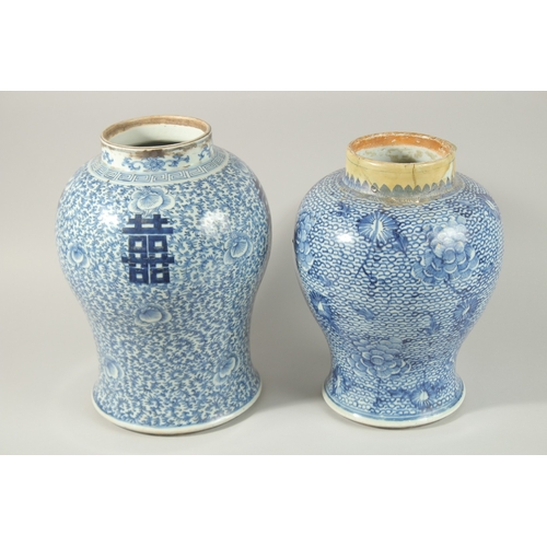 15 - TWO LARGE CHINESE BLUE AND WHITE PORCELAIN JARS, (both af), 36cm and 34cm high.