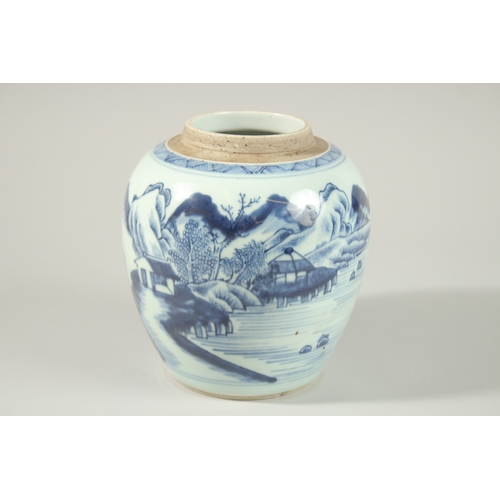 3 - A CHINESE BLUE AND WHITE PORCELAIN JAR, painted with a continuous landscape scene, 18cm high.