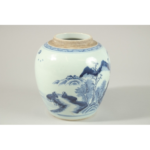 3 - A CHINESE BLUE AND WHITE PORCELAIN JAR, painted with a continuous landscape scene, 18cm high.