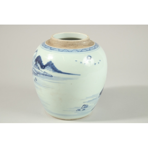 3 - A CHINESE BLUE AND WHITE PORCELAIN JAR, painted with a continuous landscape scene, 18cm high.