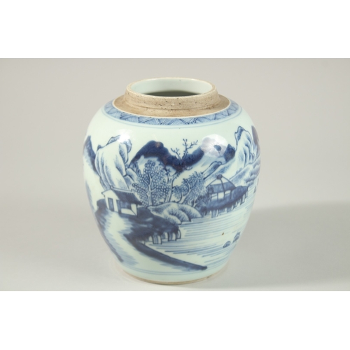 3 - A CHINESE BLUE AND WHITE PORCELAIN JAR, painted with a continuous landscape scene, 18cm high.