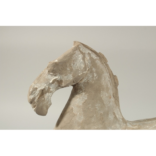 35 - A LARGE HAN DYNASTY CARVED STONE HORSE, 44cm long.