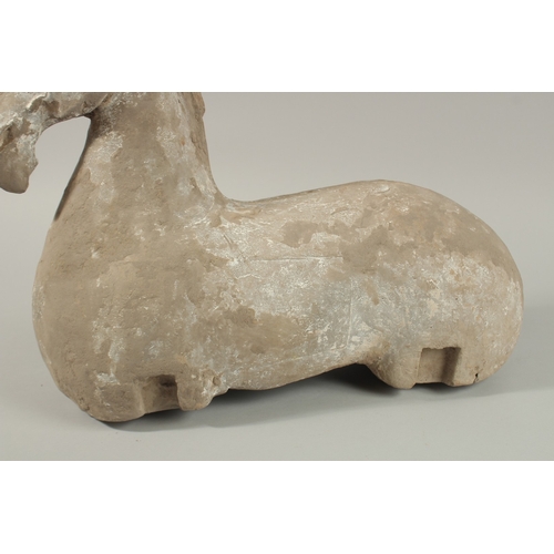 35 - A LARGE HAN DYNASTY CARVED STONE HORSE, 44cm long.