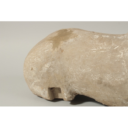 35 - A LARGE HAN DYNASTY CARVED STONE HORSE, 44cm long.