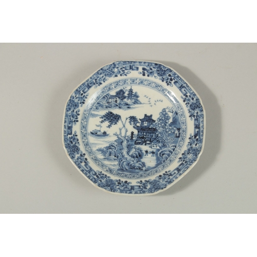 45 - A SMALL CHINESE OCTAGONAL BLUE AND WHITE PORCELAIN DISH, finely decorated with central landscape sce... 