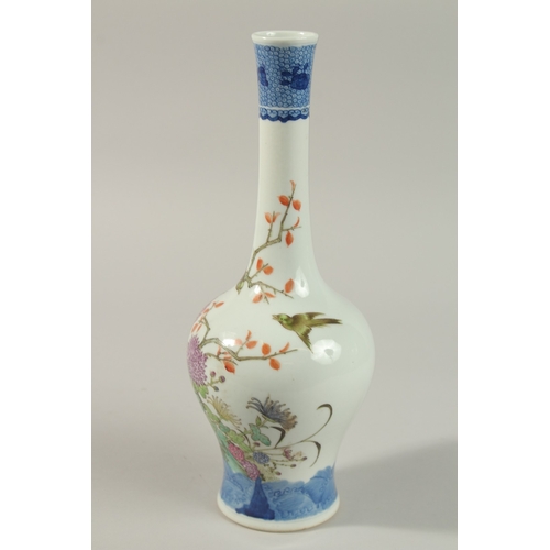 52 - A CHINESE FAMILLE ROSE PORCELAIN BOTTLE VASE, painted with birds and flora - unusually decorated wit... 