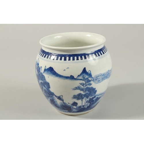 56 - A CHINESE BLUE AND WHITE PORCELAIN JAR, painted with a continuous landscape scene, base with charact... 