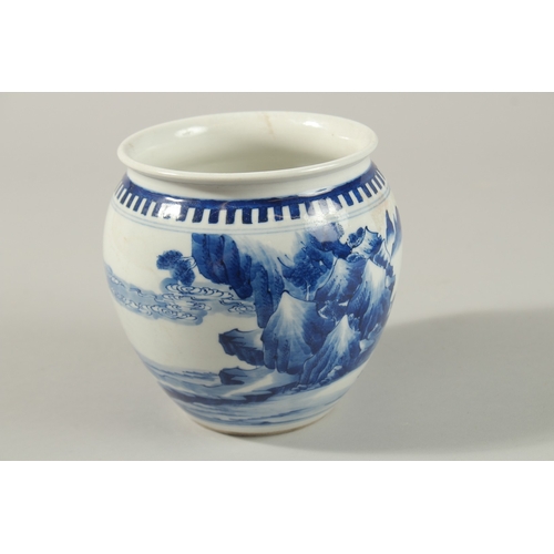 56 - A CHINESE BLUE AND WHITE PORCELAIN JAR, painted with a continuous landscape scene, base with charact... 