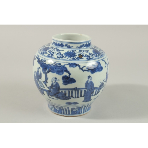 57 - A CHINESE BLUE AND WHITE PORCELAIN JAR, decorated with figures, base with six-character mark, 17cm h... 