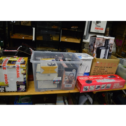 161 - A metal detector, boxed kitchen items etc.