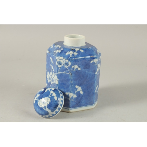 10 - A CHINESE OCTAGONAL BLUE AND WHITE PORCELAIN PRUNUS JAR AND COVER, the base with four-character mark... 