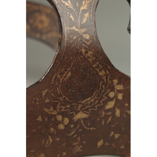 100 - A RARE AND FINE 18TH-19TH CENTURY PERSIAN SILVER INLAID IRON SADDLE, with calligraphic inscriptions,... 