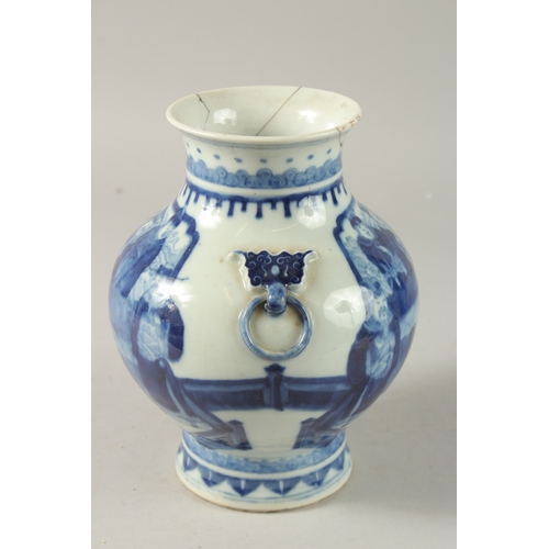 45 - A CHINESE BLUE AND WHITE PORCELAIN VASE, with moulded ring handles and painted with figures, base wi... 