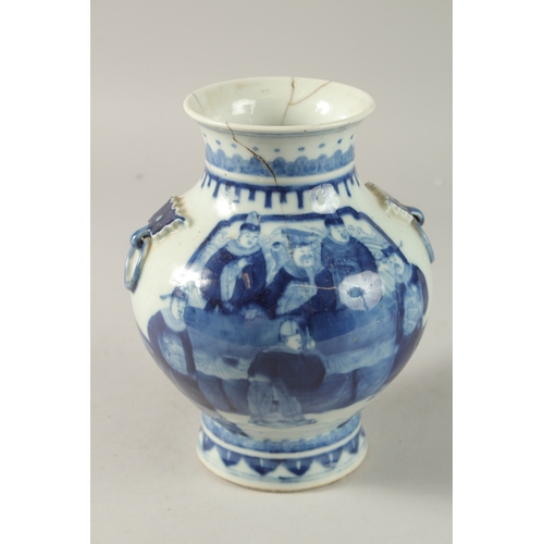 45 - A CHINESE BLUE AND WHITE PORCELAIN VASE, with moulded ring handles and painted with figures, base wi... 