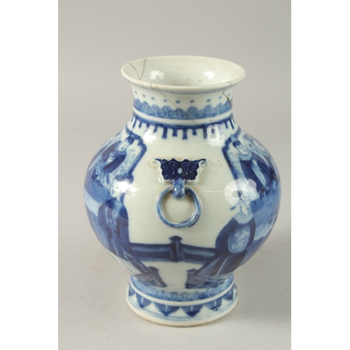 45 - A CHINESE BLUE AND WHITE PORCELAIN VASE, with moulded ring handles and painted with figures, base wi... 