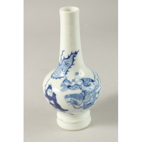 46 - A CHINESE BLUE AND WHITE PORCELAIN BOTTLE VASE, painted with figure on horseback, the base with six-... 