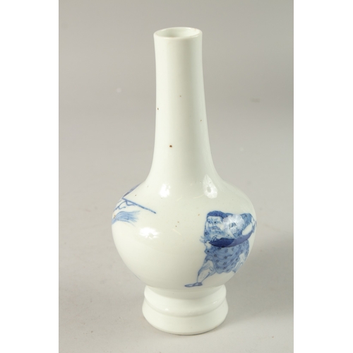 46 - A CHINESE BLUE AND WHITE PORCELAIN BOTTLE VASE, painted with figure on horseback, the base with six-... 