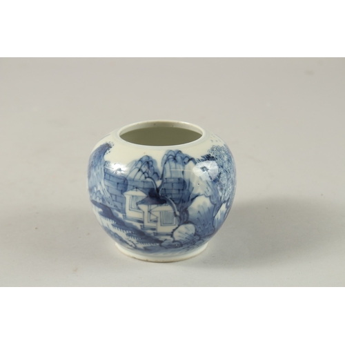 49 - A SMALL CHINESE BLUE AND WHITE PORCELAIN BULBOUS VASE, painted with a continuous landscape scene wit... 