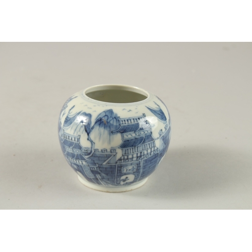 49 - A SMALL CHINESE BLUE AND WHITE PORCELAIN BULBOUS VASE, painted with a continuous landscape scene wit... 