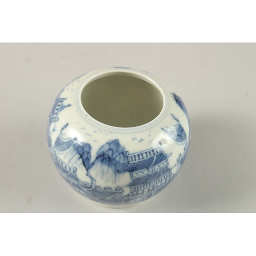 49 - A SMALL CHINESE BLUE AND WHITE PORCELAIN BULBOUS VASE, painted with a continuous landscape scene wit... 