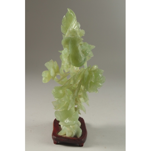 5 - A CHINESE CARVED JADE GROUP ON HARDWOOD STAND, carved with a peacock elevated on a large floral reli... 