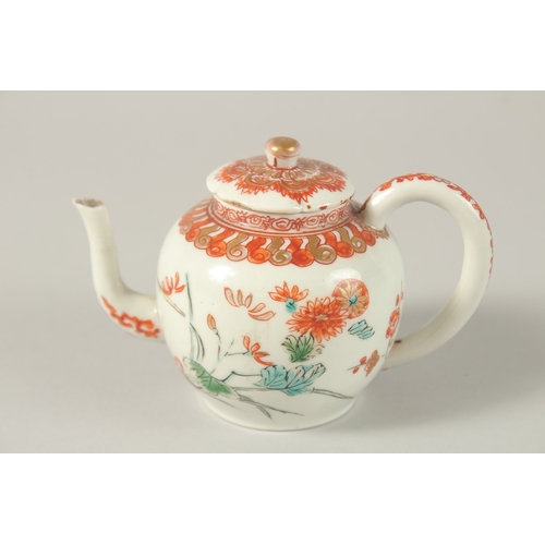 54 - A 17TH CENTURY CHINESE COPPER RED AND WHITE PORCELAIN MINIATURE TEAPOT, painted with flora and gilde... 