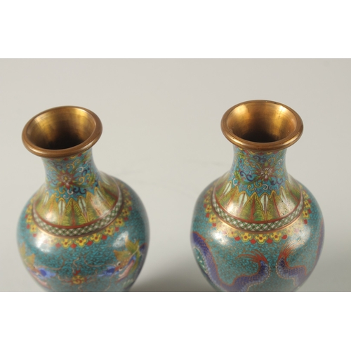 63 - A PAIR OF CHINESE TURQUOISE GROUND CLOISONNE DRAGON VASES, 16.5cm high,