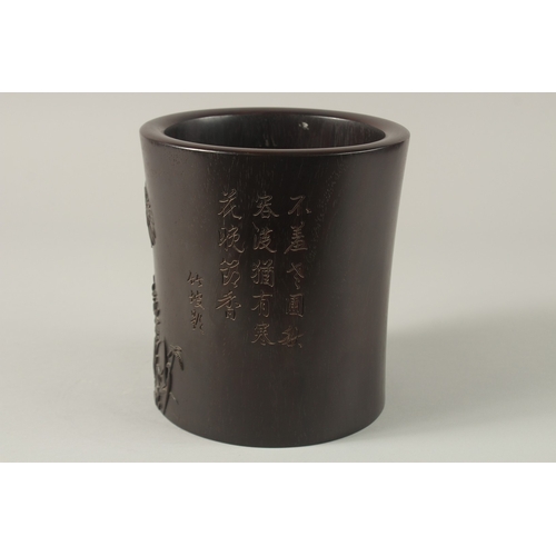 66 - A FINE AND LARGE 18TH-19TH CENTURY HARDWOOD BITONG BRUSH POT, with finely carved relief floral decor... 