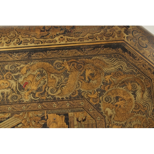 69 - A FINE CHINESE EXPORT GILT AND BLACK LACQUER SEWING BOX, with very finely painted panel of figures i... 