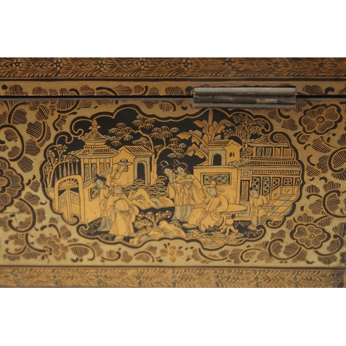 69 - A FINE CHINESE EXPORT GILT AND BLACK LACQUER SEWING BOX, with very finely painted panel of figures i... 