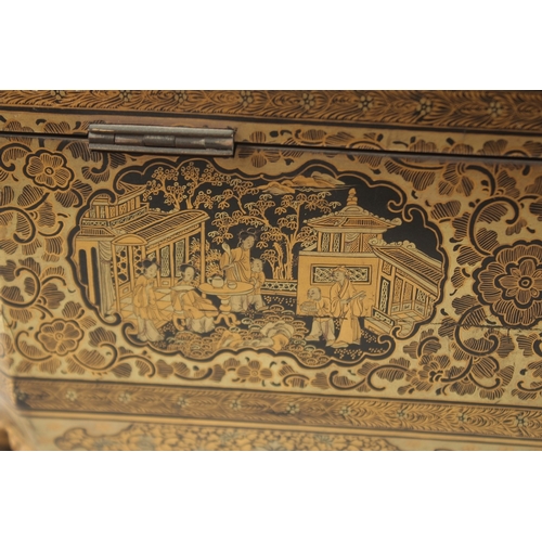 69 - A FINE CHINESE EXPORT GILT AND BLACK LACQUER SEWING BOX, with very finely painted panel of figures i... 