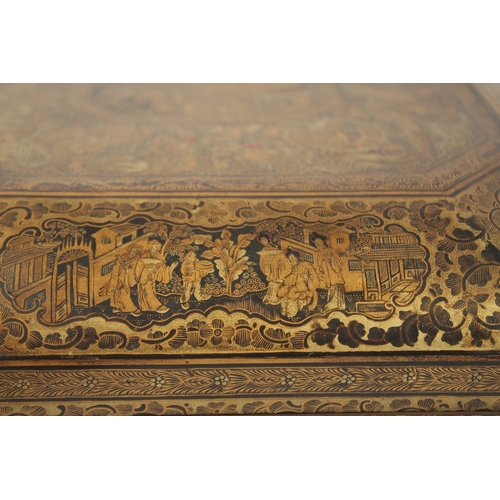 69 - A FINE CHINESE EXPORT GILT AND BLACK LACQUER SEWING BOX, with very finely painted panel of figures i... 