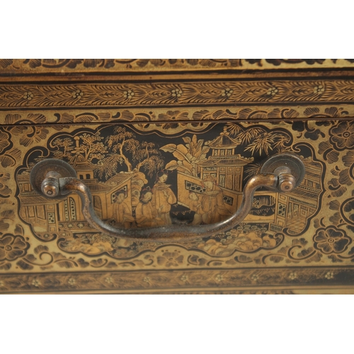 69 - A FINE CHINESE EXPORT GILT AND BLACK LACQUER SEWING BOX, with very finely painted panel of figures i... 