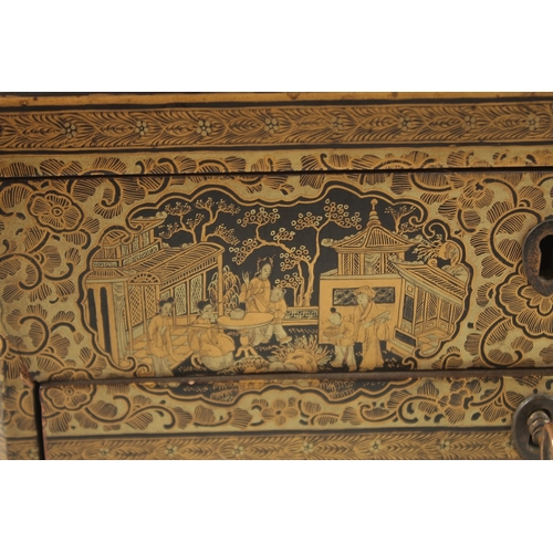 69 - A FINE CHINESE EXPORT GILT AND BLACK LACQUER SEWING BOX, with very finely painted panel of figures i... 