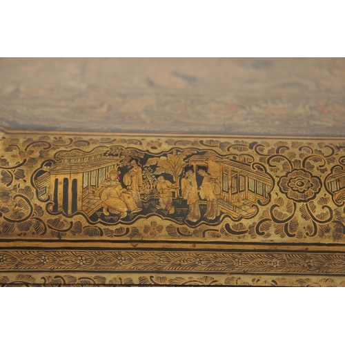 69 - A FINE CHINESE EXPORT GILT AND BLACK LACQUER SEWING BOX, with very finely painted panel of figures i... 