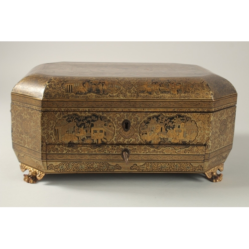 69 - A FINE CHINESE EXPORT GILT AND BLACK LACQUER SEWING BOX, with very finely painted panel of figures i... 