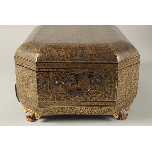 69 - A FINE CHINESE EXPORT GILT AND BLACK LACQUER SEWING BOX, with very finely painted panel of figures i... 