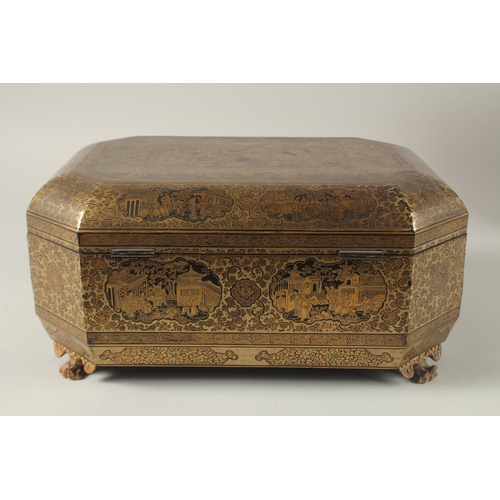 69 - A FINE CHINESE EXPORT GILT AND BLACK LACQUER SEWING BOX, with very finely painted panel of figures i... 