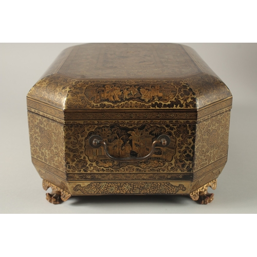 69 - A FINE CHINESE EXPORT GILT AND BLACK LACQUER SEWING BOX, with very finely painted panel of figures i... 