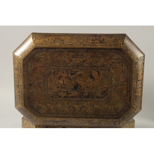 69 - A FINE CHINESE EXPORT GILT AND BLACK LACQUER SEWING BOX, with very finely painted panel of figures i... 