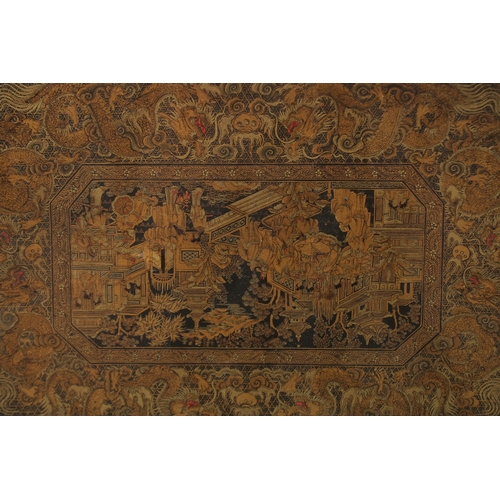 69 - A FINE CHINESE EXPORT GILT AND BLACK LACQUER SEWING BOX, with very finely painted panel of figures i... 