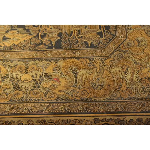 69 - A FINE CHINESE EXPORT GILT AND BLACK LACQUER SEWING BOX, with very finely painted panel of figures i... 