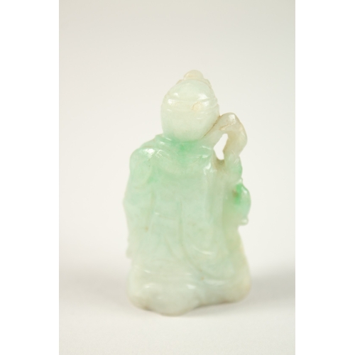 76 - A FINE CHINESE CARVED JADE MONKEY IMMORTAL, with inlaid eyes and headpiece, 6cm high.