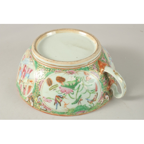 9 - A CHINESE CANTON FAMILLE ROSE PORCELAIN HANDLED BOWL AND DISH, the bowl possibly a chamber pot, 25cm... 